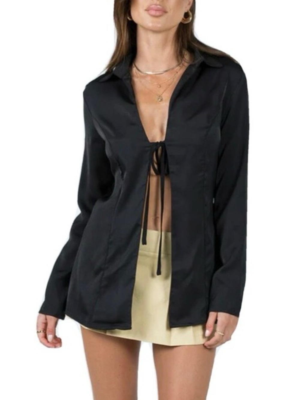 Princess Polly Kemble Shirt Black Tie Front Satin Blouse Top NWT Sz 4